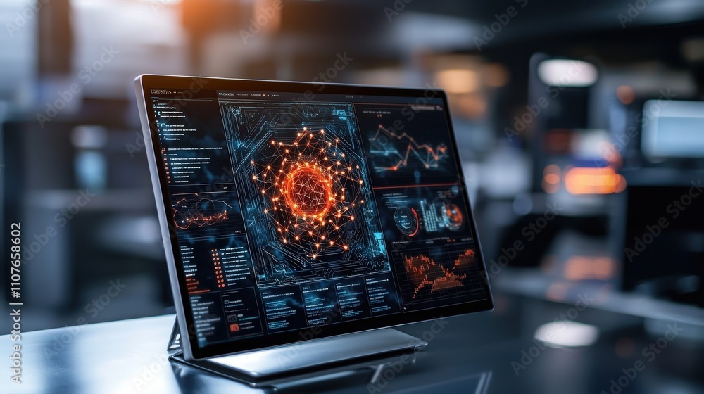 Poster Ai-powered cyber predictions dashboard office space technology visualization modern environment close-up view data insights