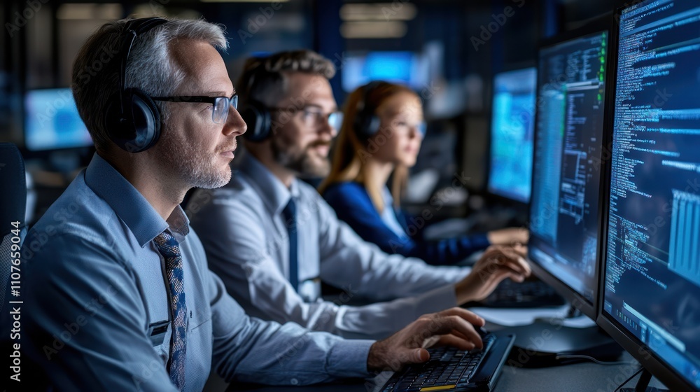Poster professionals working at computers in a tech environment, focused on data analysis.