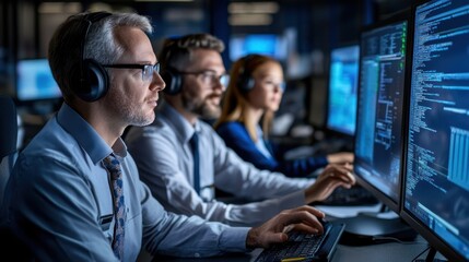 Professionals working at computers in a tech environment, focused on data analysis.