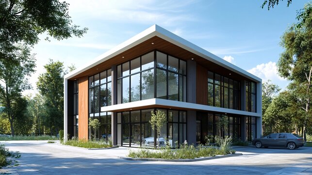 Concept of a small office building with visuals of modern design, clean architecture, and professional features for effective business use