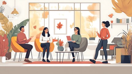 Fototapeta premium A confident woman hosting a team discussion in a contemporary office with festive fall elements