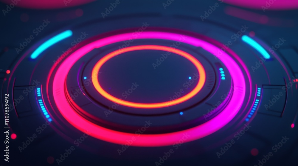 Poster a vibrant, abstract design featuring concentric circles with glowing neon colors, creating a futuris