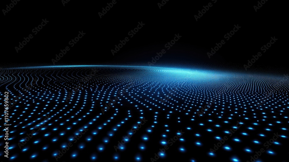 Poster digital waves: an abstract visualization of digital information flows, with points of light shimmeri