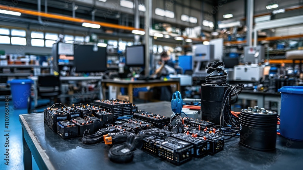 Poster innovative tech workshop industrial setting equipment display eco-friendly approach close-up view su