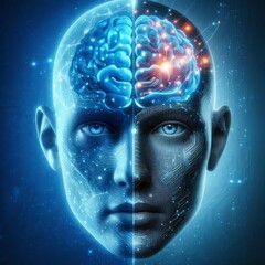 Half digital brain merging with biological brain, illustrating artificial intelligence and human mind
