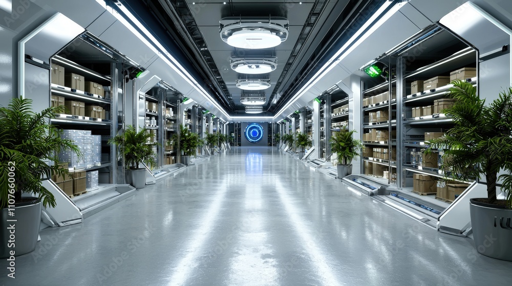 Aufkleber futuristic warehouse action featuring ai-driven logistics modern space digital environment innovativ