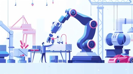 A robotics engineer working on the mechanical system of a robotic arm in an industrial setting, highlighting modern technology, automation, and streamlined processes in industries and automotive appli