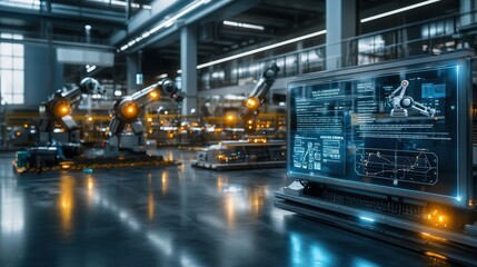 Fototapeta premium Robotic automation in manufacturing showcasing innovative technology and its impact on modern industrial facilities