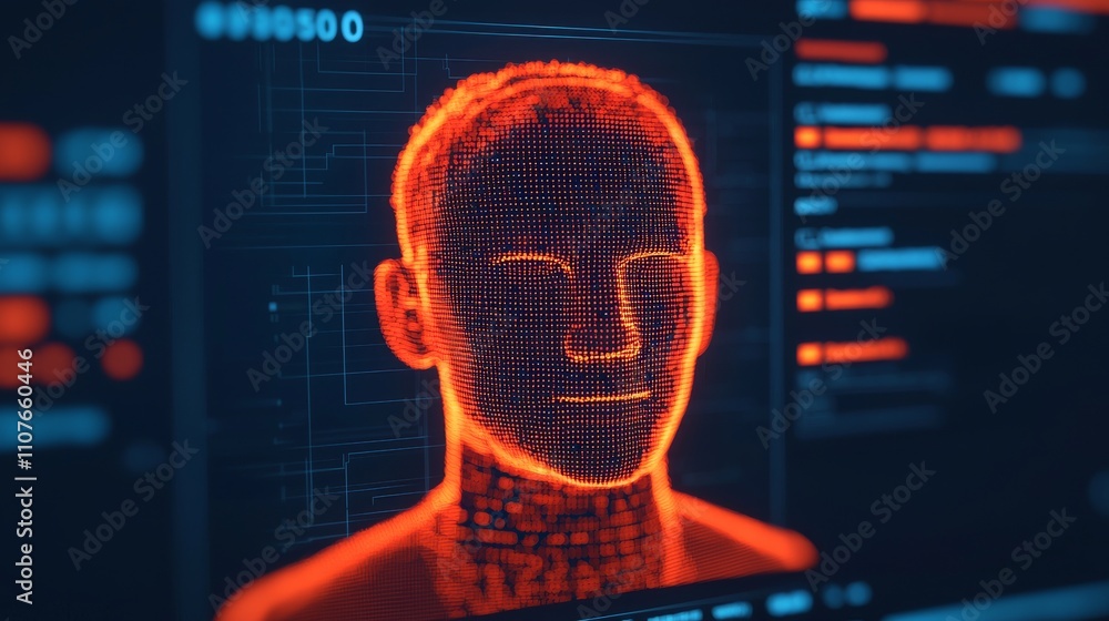 Aufkleber a digital representation of a human face composed of glowing dots on a screen, showcasing advanced t