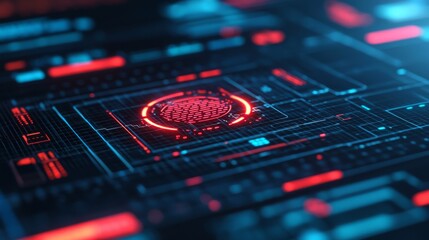 Obraz premium A futuristic digital interface featuring glowing red and blue elements, portraying a high-tech atmosphere.