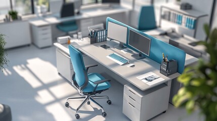 Concept of office pov with emphasis on ergonomic chairs, clean desks, and modern workspaces designed for productivity and efficiency