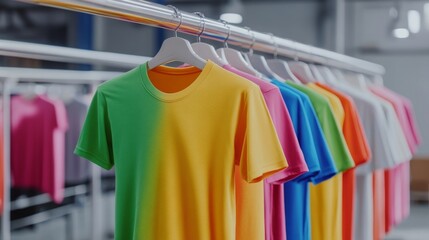 Fototapeta premium Colorful t-shirts displayed on hangers in a retail store showcasing vibrant fashion choices for customers