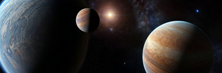 Multiple planets float in a vast, colorful space, showcasing intricate patterns of gases and ring-like structures. Bright stars twinkle in the background, creating a captivating cosmic view