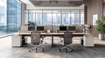 Fototapeta premium Concept of office pov with visuals of sleek desks, ergonomic chairs, and contemporary workspaces designed for productivity and professionalism