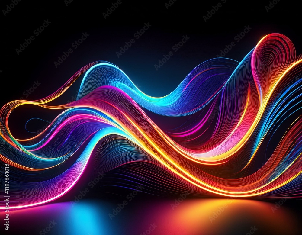 Wall mural glowing neon lines creating abstract shapes on black art design background