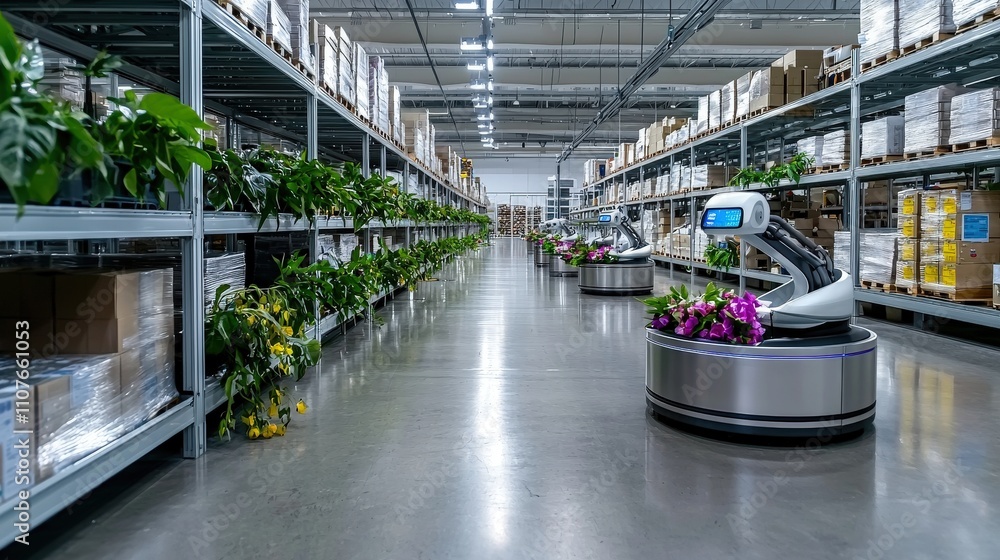 Aufkleber ai-assisted robots in a serene warehouse setting modern industry innovative technology calm environm