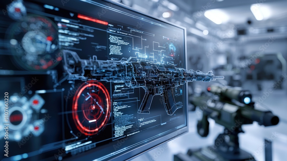 Poster high-tech weaponry display military lab digital interface futuristic environment expert analysis eth