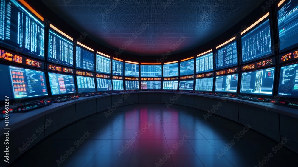 Aufkleber a futuristic control room with numerous screens displaying data, illuminated by blue and orange ligh