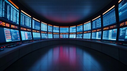 A futuristic control room with numerous screens displaying data, illuminated by blue and orange lights, creating a high-tech atmosphere.