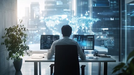 Concept of a tech worker with visuals of high-tech equipment, ergonomic furniture, and a contemporary work environment for effective productivity