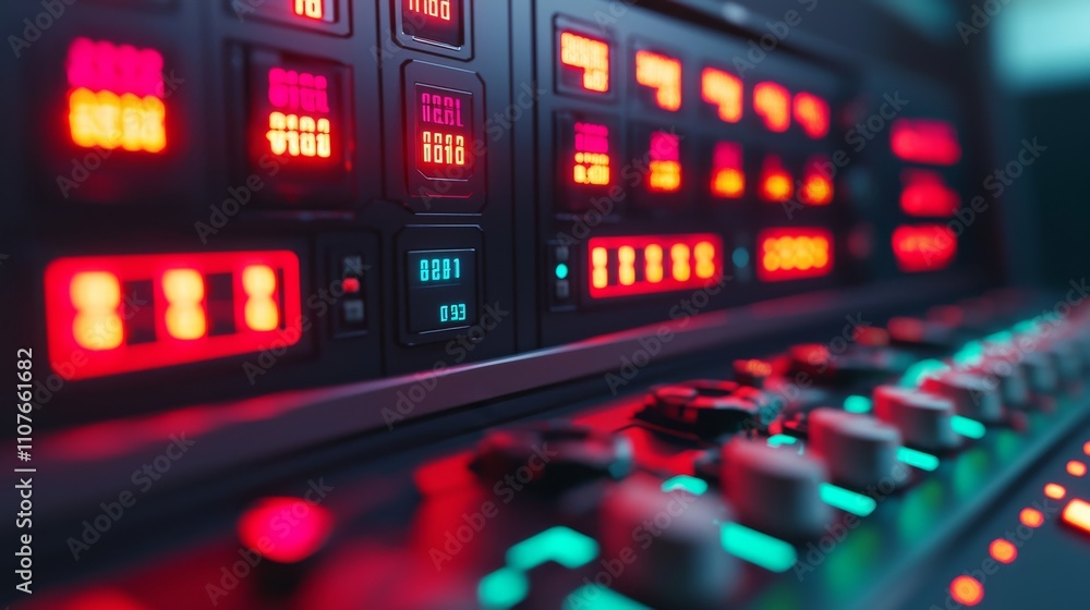 Poster a close-up of a control panel featuring glowing buttons and sliders, showcasing vibrant colors and i