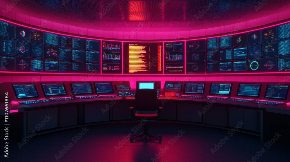 Poster a futuristic control room featuring multiple digital screens and vibrant pink lighting, creating a h