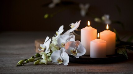 White lilies and burning candles on  tree log