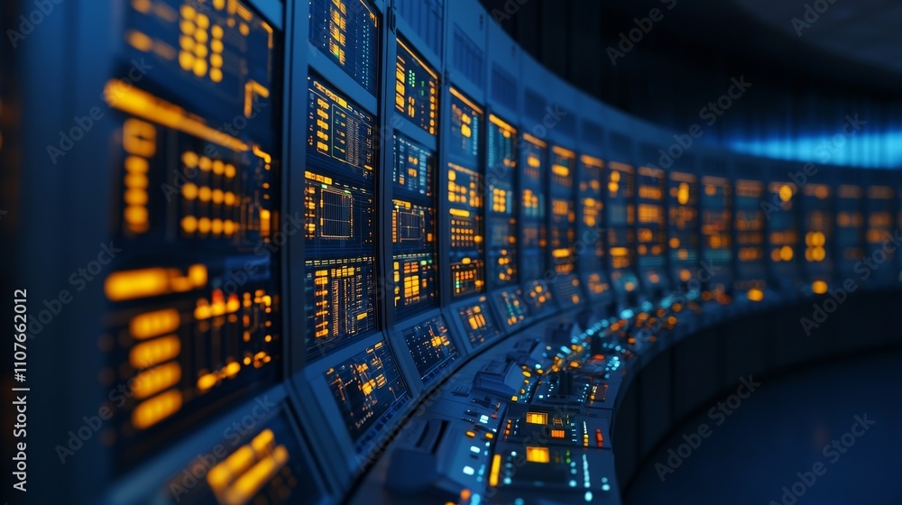 Poster a futuristic control panel illuminated with blue and orange lights, displaying various screens and b
