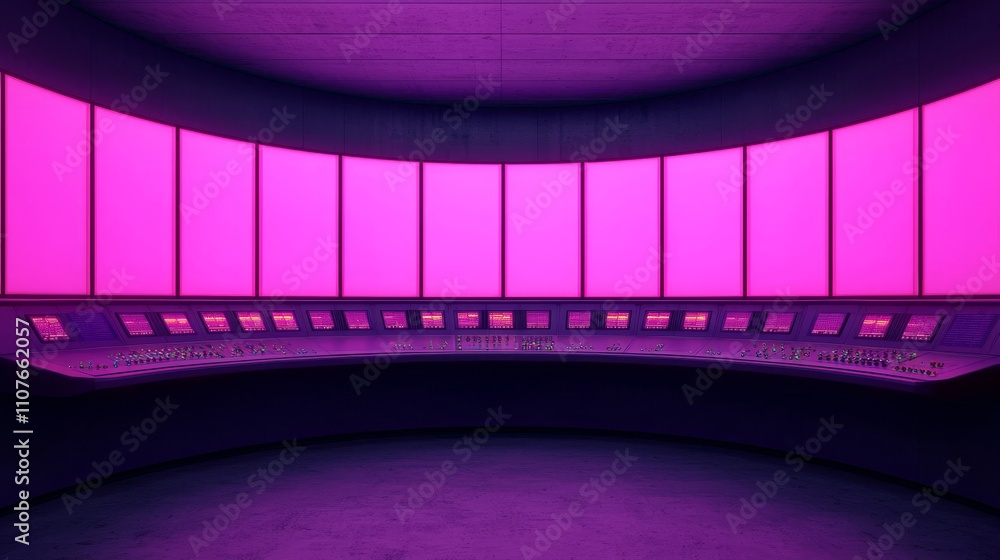Poster a futuristic control room bathed in purple light, featuring a curved console with numerous buttons a