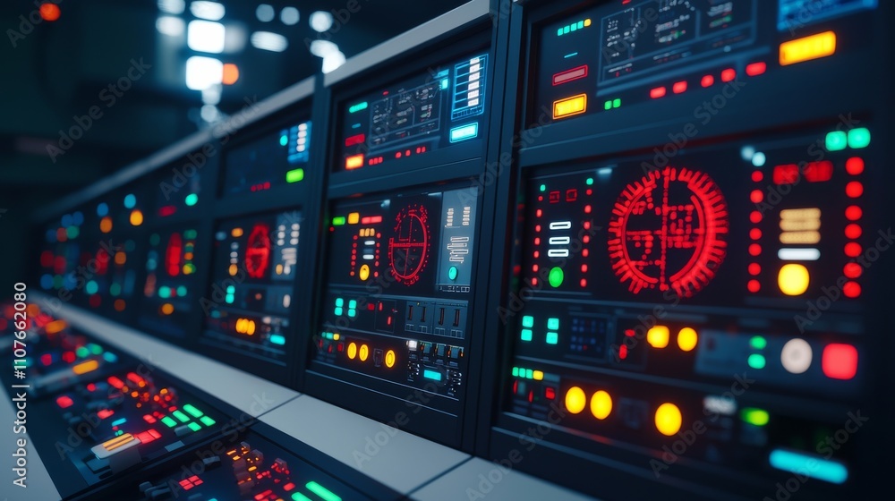 Poster a detailed control panel with vibrant buttons and screens, showcasing various gauges and indicators 