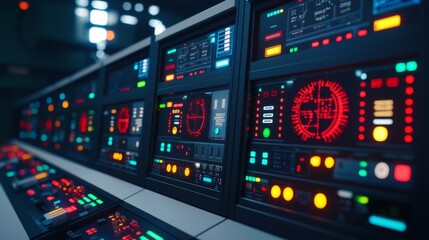 A detailed control panel with vibrant buttons and screens, showcasing various gauges and indicators in a futuristic design.