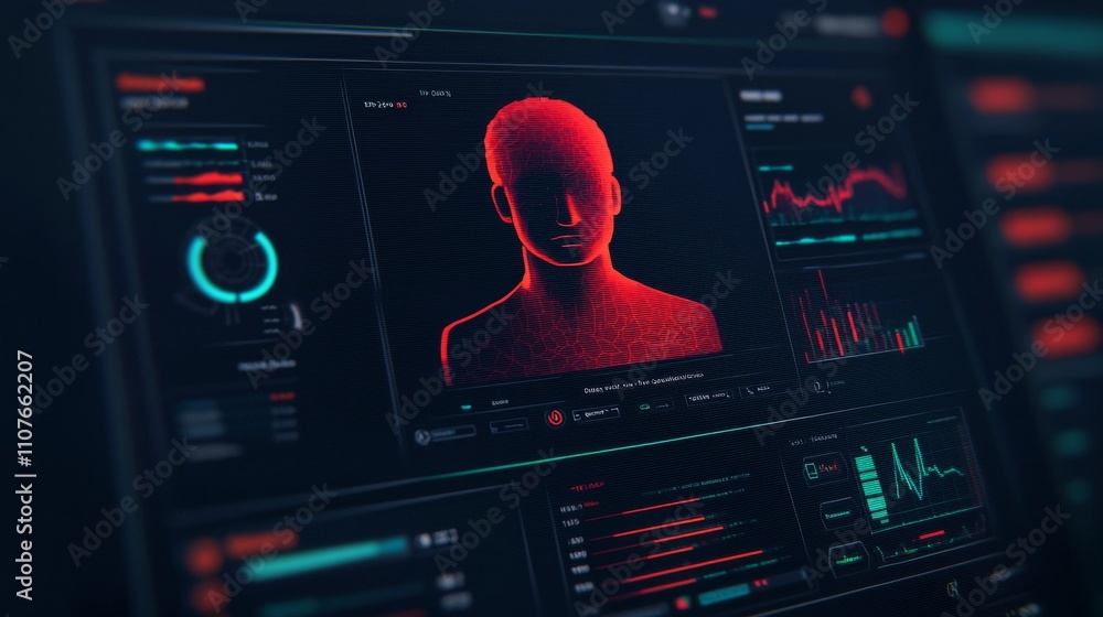 Aufkleber a futuristic interface displaying a 3d model of a human figure, highlighted in red, alongside variou