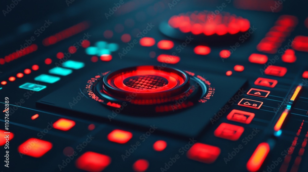 Poster a close-up of a modern control panel featuring vivid red and blue lights, with various buttons and k