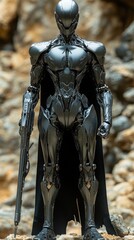 Fototapeta premium Futuristic humanoid robot with sleek metallic armor standing in a rugged desert landscape, ideal for science fiction posters, gaming visuals, and futuristic storytelling