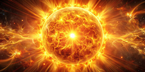 Obraz premium A powerful solar eruption is depicted, showcasing brilliant bursts of yellow and orange radiance. The sun’s surface displays intricate patterns, highlighting the dynamic nature of solar activity