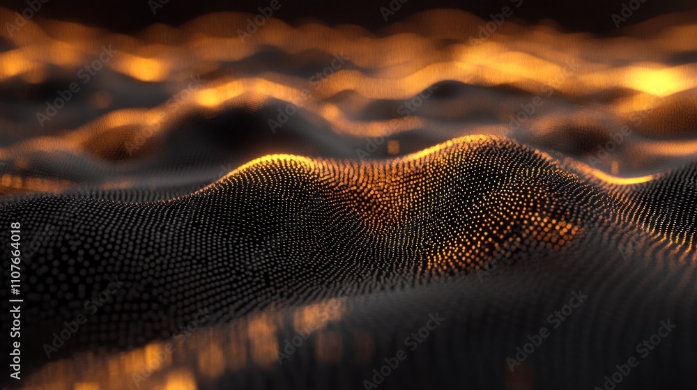 Poster abstract digital landscape with glowing textures and undulating forms.