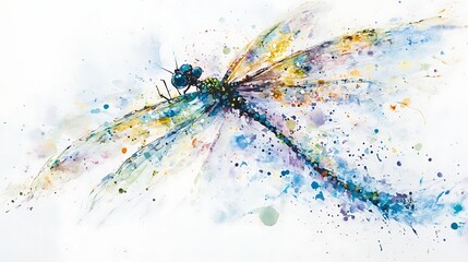 Obraz premium Watercolor painting of a vibrant dragonfly in flight.
