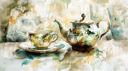 Fototapeta premium Watercolor painting of tea set.