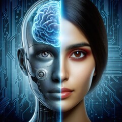Half digital brain merging with biological brain, illustrating artificial intelligence and human mind
