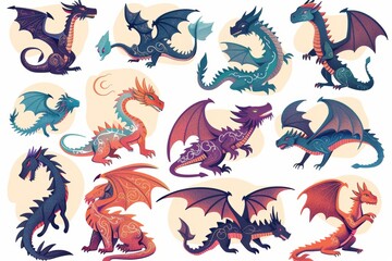 Obraz premium Funny dragons doodle set, cartoon dino, graphic dinosaurs isolated, monster animals