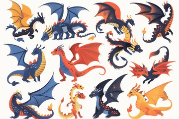 Obraz premium Funny dragons doodle set, cartoon dino, graphic dinosaurs isolated, monster animals