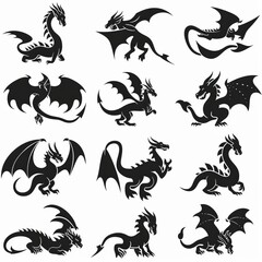 Fototapeta premium Dragons icon silhouette, dino, wyvern symbols, dinosaurs isolated, mythical monster, minimal flat tattoo