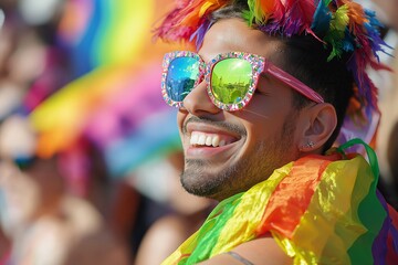 A joyful individual wearing vibrant rainbow accessories celebrates in a lively atmosphere, embodying happiness.