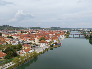 Aerial view of Maribor with Drava River and historic architecture, Slovenia