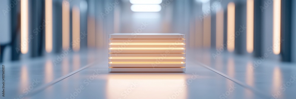 Poster a sleek, futuristic object is centered in a softly lit corridor, highlighting its modern design and 