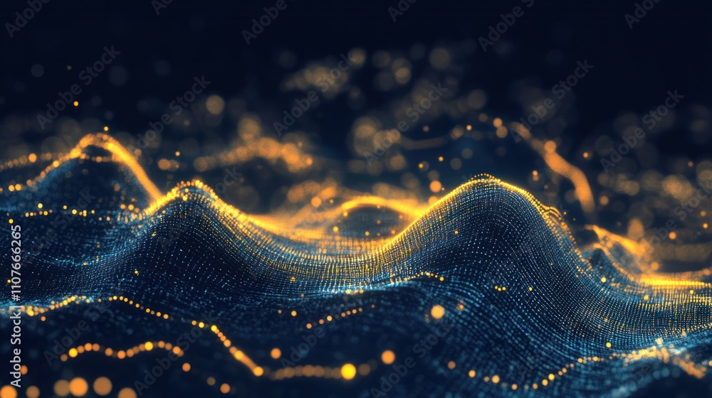 Poster abstract digital landscape with glowing lines and particles, representing data or technology.