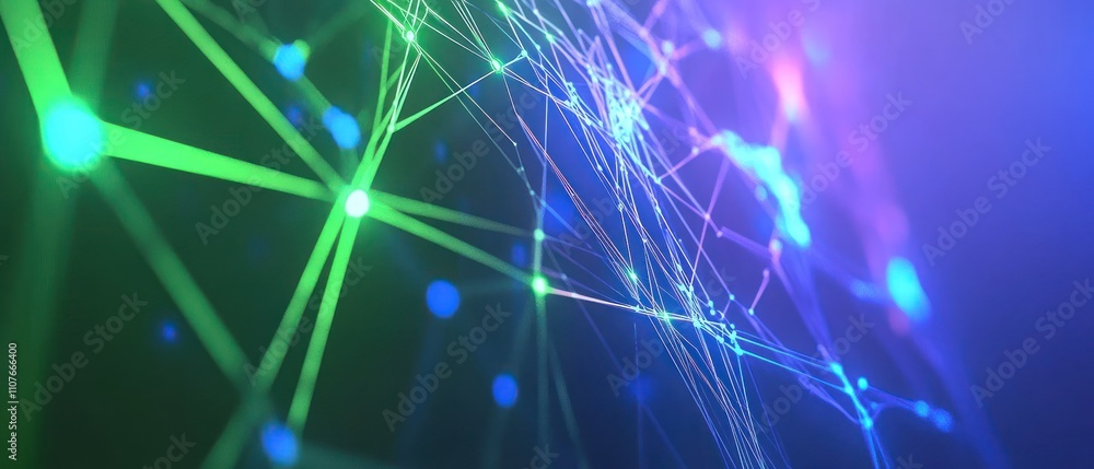 Poster abstract representation of interconnected nodes and lines, symbolizing data networks or technology.