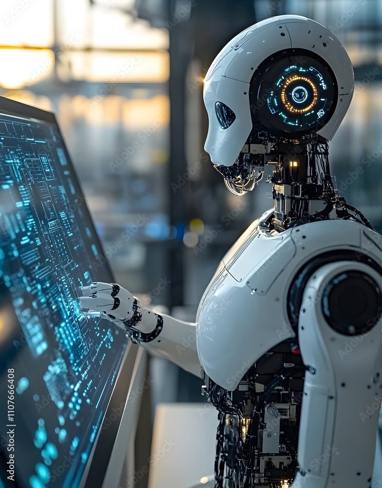 Poster a humanoid robot interacting with a digital interface in a modern environment.