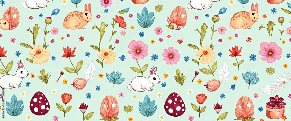 Poster a colorful floral pattern with a bunny and a mushroom. the bunny is sitting on a flower and the mush