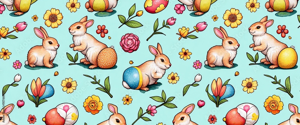 Poster a colorful floral pattern with a bunny and a mushroom. the bunny is sitting on a flower and the mush